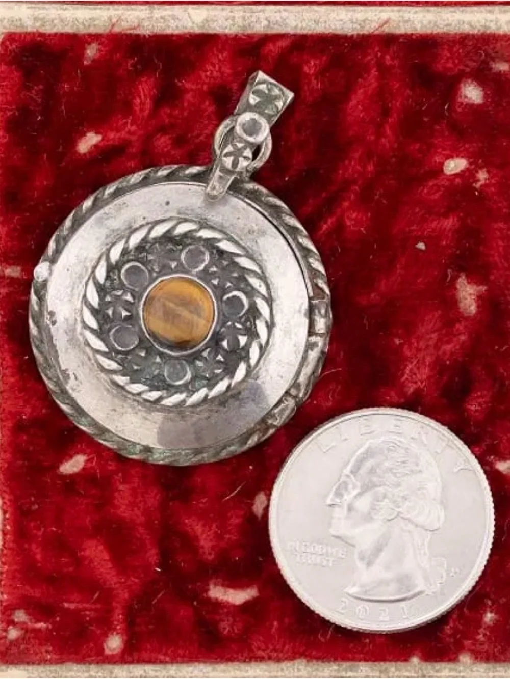 Sterling Silver Taxco Tiger's Eye Locket Pendant - Yellow Stone